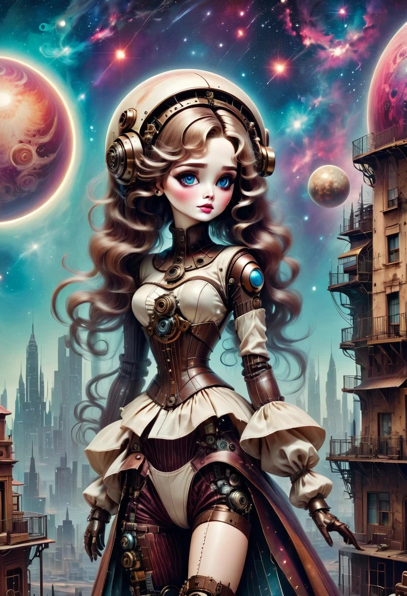 There&#39;A mechanical doll stands in front of a planet painting, Retro city background, psychological artwork, interconnected human life forms, Panorama of mechanical female doll,Victoria steampunk， endless dreams, stardust, galaxy, 