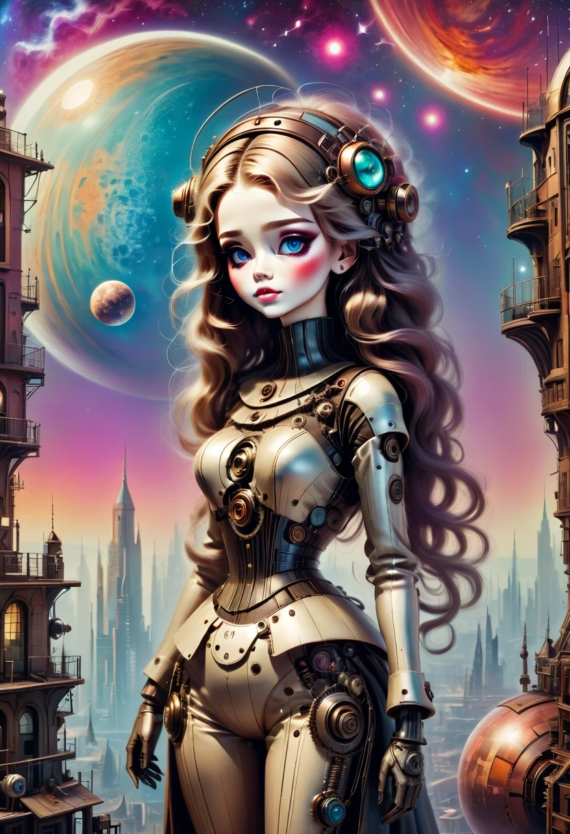 There&#39;A mechanical doll stands in front of a planet painting, Retro city background, psychological artwork, interconnected human life forms, Panorama of mechanical female doll,Victoria steampunk， endless dreams, stardust, galaxy, 