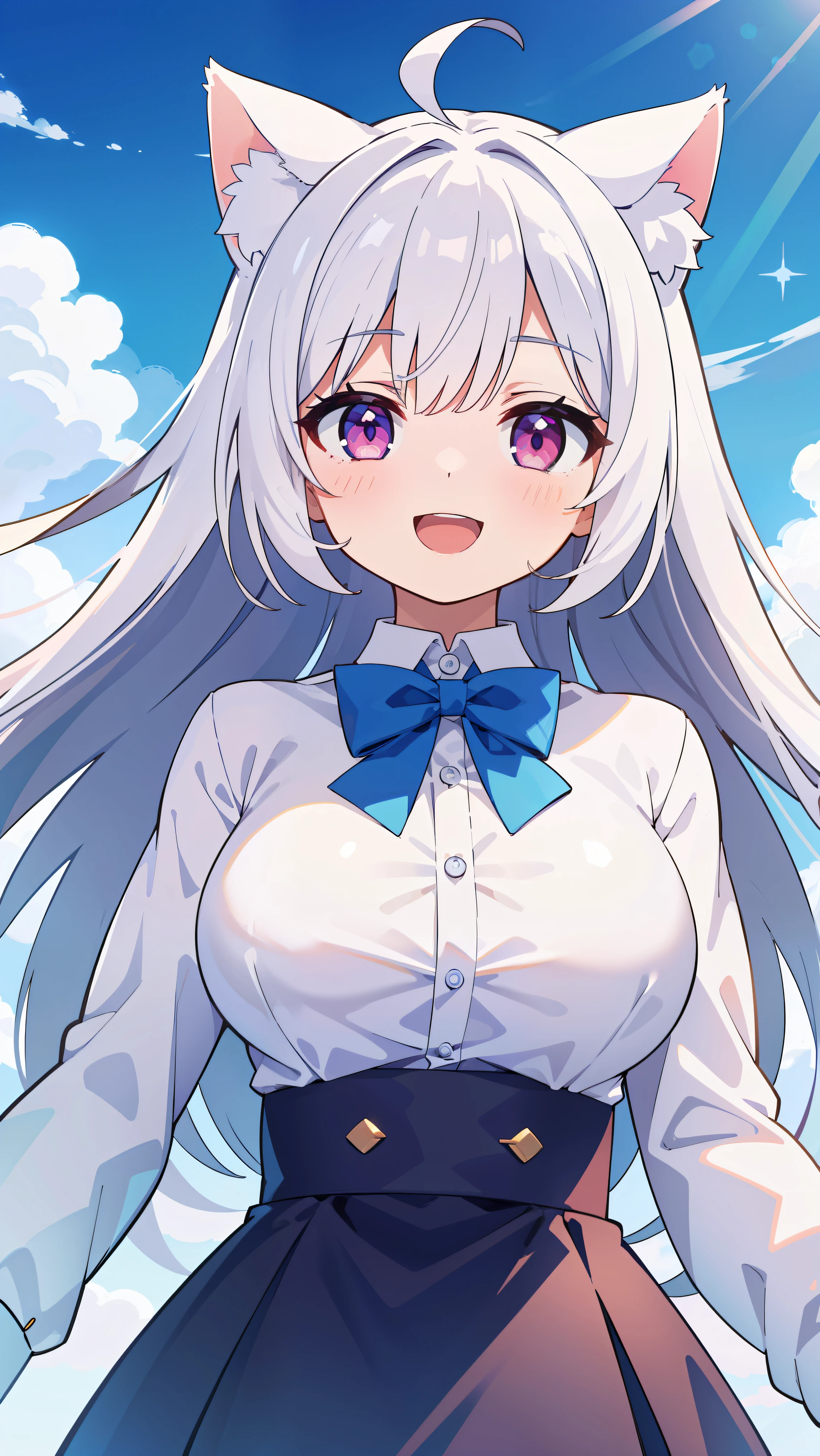 masterpiece, best quality, alone, ,, White shirt, open mouth, bowtie, big breasts, Button gap, empty eyes,white hair,straight hair,light pink eyes,catwoman,big breasts,white cat ears,open mouth,smiling blue sky, wind,long hair