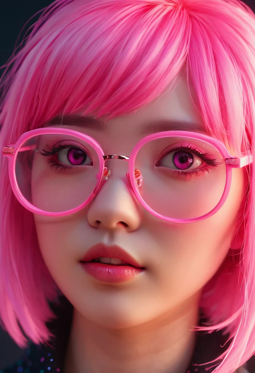 Close-up of a woman with pink hair wearing glasses, artwork in Guvez style, Guvez, kawaii realistic portrait, inspired by Cheng Yanjun, glowing pink face, pink girl, Beautiful anime portrait, pink glasses, glowing pink eyes, Realistic anime 3D style, Yanjuncheng, Realistic anime art style, ((pink)8k