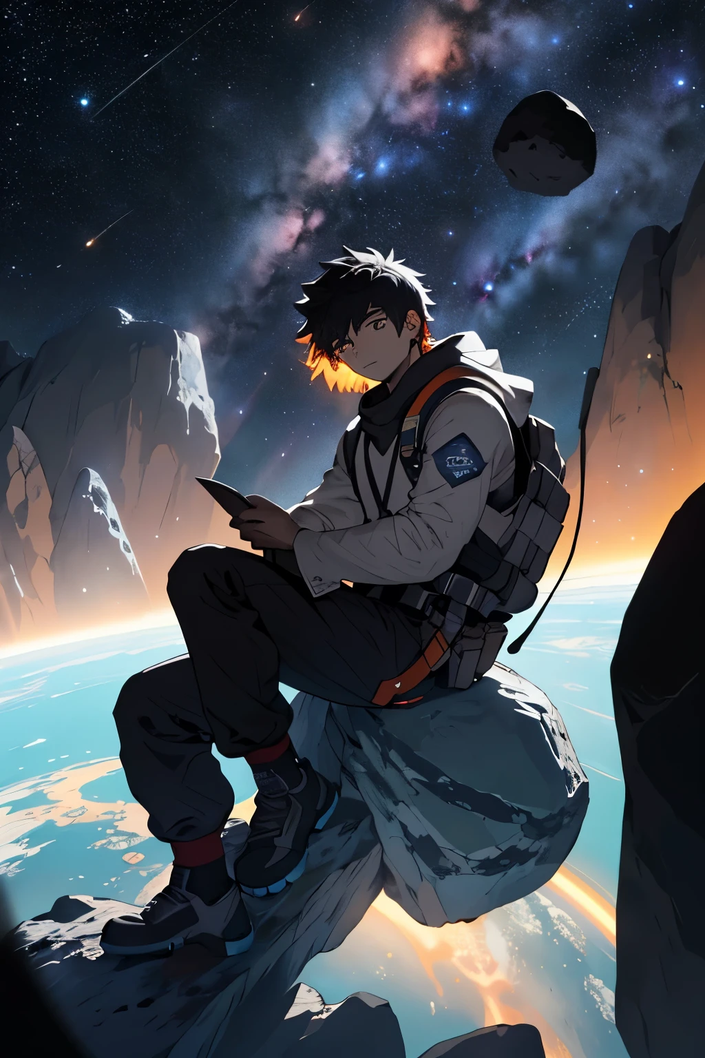 Desenhe um jovem programador, sitting on a research platform floating in the middle of an asteroid belt. He is studying with a notebook, surrounded by several asteroids glowing with fiery auras. Dramatic lighting from distant stars and planets illuminates the scene, casting deep shadows on the costume. O jovem parece confiante e determinado, Looking at the vast and mysterious universe with wonder and respect, tiro de vaqueiro, cabelo branco, olhos amarelos