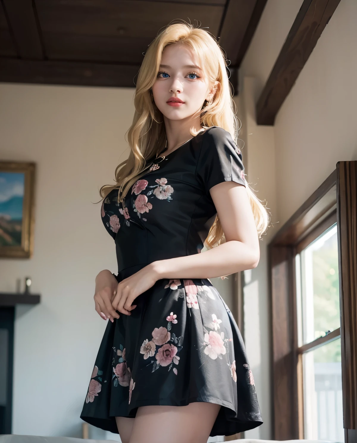 1girl, (Blue Eyes), (smiling), (Sana Minatozaki), wide hips, Big tits, big ass, (Best Quality, 8k, Masterpiece: 1.3), Clear Focus: 1.2, Perfect Body Beauty: 1.4, strong abs :1.2, Highly detailed face and skin texture, detailed eyes, double eyelids, (blond long hair :1.2), (short black floral dress :1.3), high stocking, standing, looking the camera, view from below :1.4, in a living room