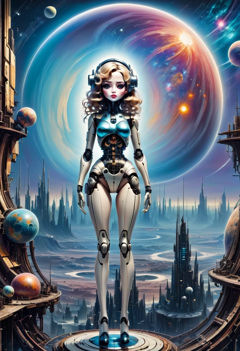 There'A mechanical doll stands in front of a planet painting, futuristic city background, psychological artwork, interconnected human life forms, Panorama of mechanical female doll, progressive rock, endless dreams, stardust, galaxy,