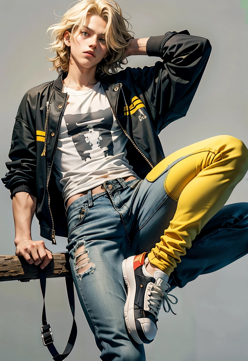 a young 17 year old German anime art boy, white skin, wavy hair, big volume, blonde and medium short, light green eyes, clean red t-shirt, black sports jeans, add a little muscle, yellow and black sports sneakers , jacket tied around the waist, bandages on the arms, a serious and neutral expression and a gray and white background