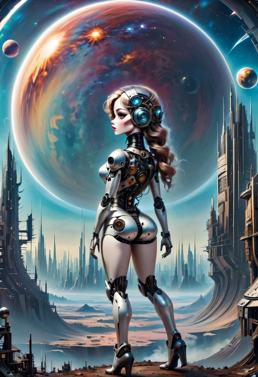 There'A mechanical doll stands in front of a planet painting, futuristic city background, psychological artwork, interconnected human life forms, Panorama of mechanical female doll, progressive rock, endless dreams, stardust, galaxy,