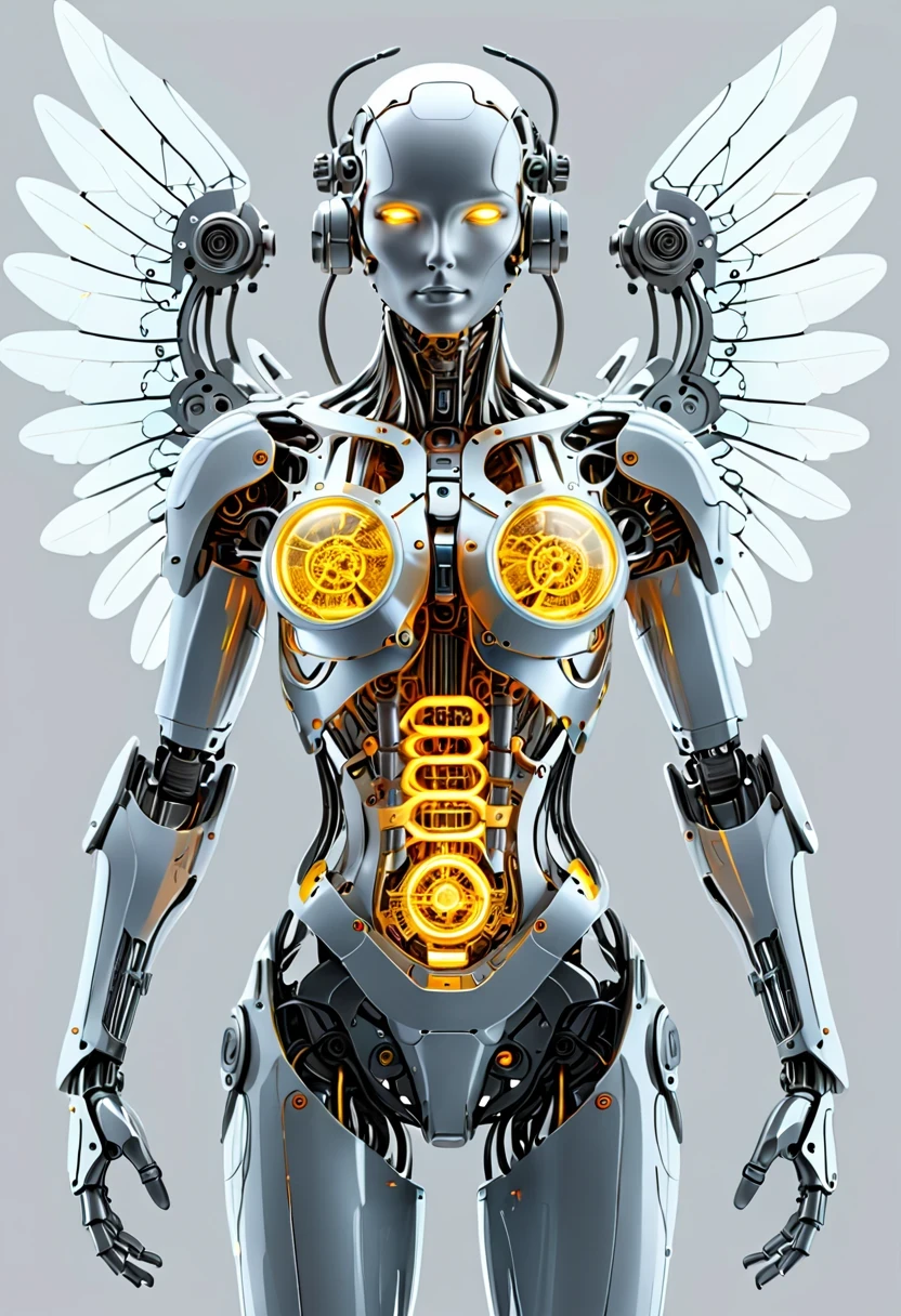Machinery of the future,whole body, solid light grey background, The combination of biology and machinery, Transparent mechanical angel, The internal structure is complex and precise, glowing neon lights,(high detail, masterpiece, best quality, ultra high definition, Sharpen details)