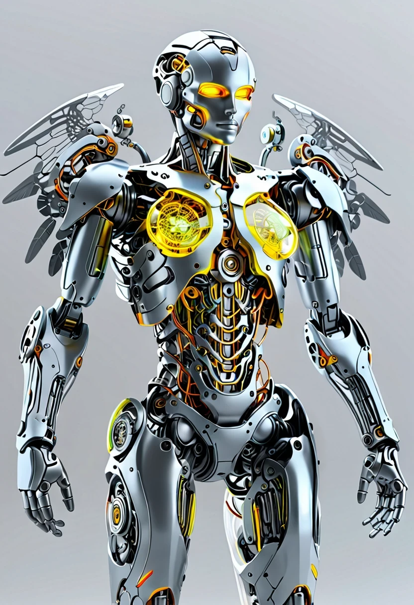Machinery of the future,whole body, solid light grey background, The combination of biology and machinery, Transparent mechanical angel, The internal structure is complex and precise, glowing neon lights,(high detail, masterpiece, best quality, ultra high definition, Sharpen details)