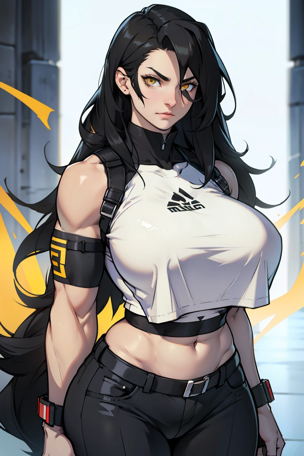very long hair yellow eyes black hair pale skin muscles girl huge breasts midriff muscular thick