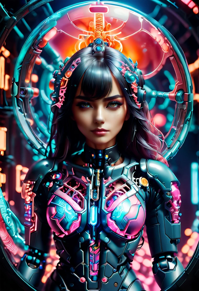 Future machinery stands in front of the earth,whole body, In the context of the city of the future, The combination of biology and machinery, Transparent mechanical girl, The internal structure is complex and precise, glowing neon lights,(high detail, masterpiece, best quality, ultra high definition, Sharpen details)