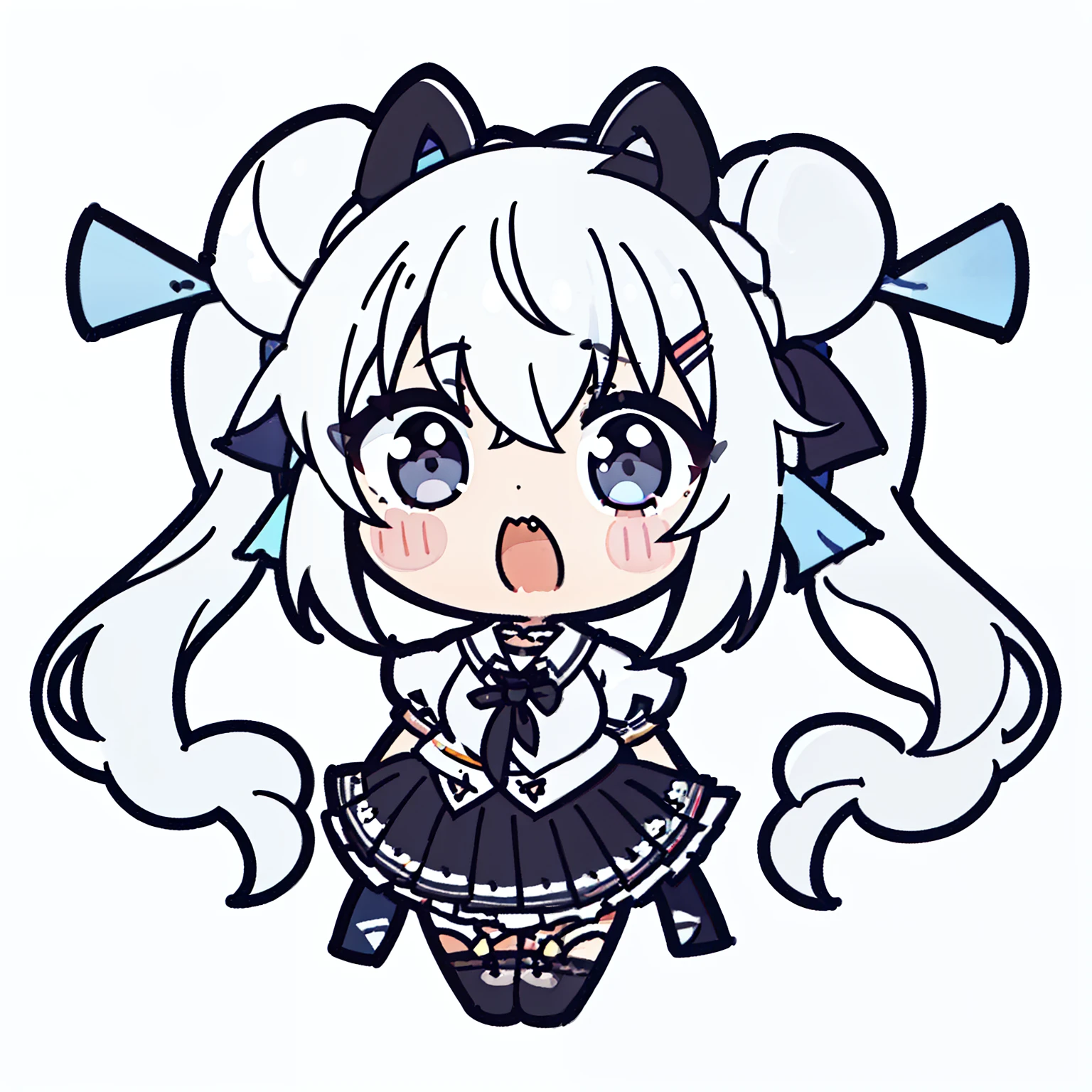 (1girl,20 years old),solo,(white background,line drawing,long hair, white hair,fish ears,scared,upper body,twintails,open mouth,from front,((white shirt,black standart tie,short sleeves,black skirt)),chibi