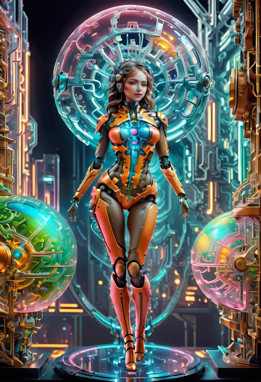 Future machinery stands in front of the earth,whole body, In the context of the city of the future, The combination of biology and machinery, Transparent mechanical girl, The internal structure is complex and precise, glowing neon lights,(high detail, masterpiece, best quality, ultra high definition, Sharpen details)