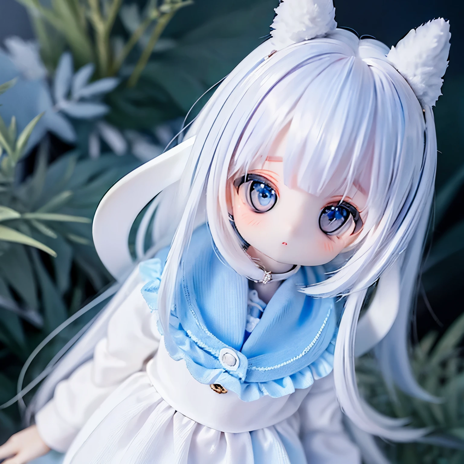 (best quality, 4k, masterpiece:1.2),anime girl,full-body,pale,reference,mastery,1080p,ghostly,white skin,big eyes,volumetric lighting , kawaii white dress , ****ta style , jirai kei , full 3d art, straight pose, reference, concept art, white hair, straight bangs, voluminous hair, long ponytails, kawaii face, very thin body, dark lighting, dark blue lighting, very voluminous shadows of the face, dark forest background, depression, very dark lighting, dark forest, night, light falls from above on the character , night forest , snow , Light falls from above, light from above, shadow below face , black lighting, черная night, dark shades , night , Dark blue skin , dark blue shades