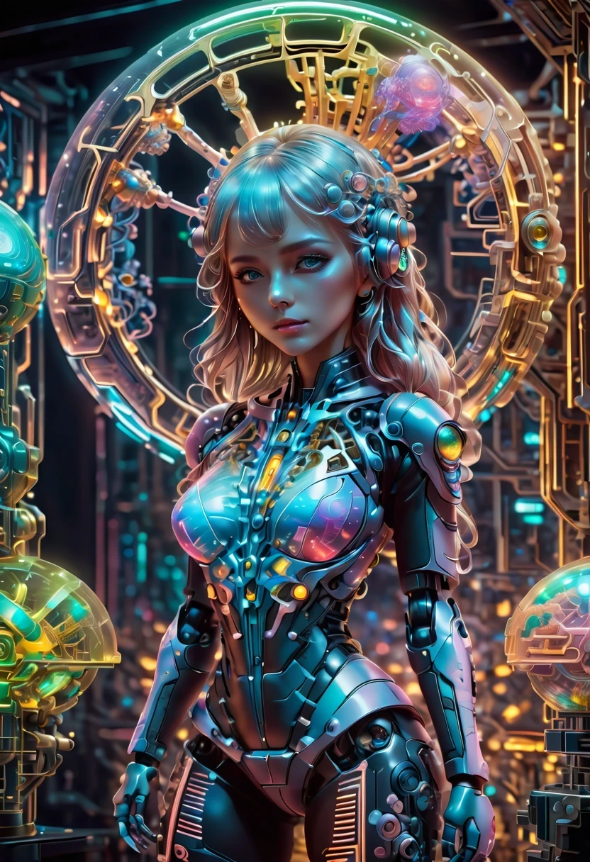Future machinery stands in front of the earth,whole body, In the context of the city of the future, The combination of biology and machinery, Transparent mechanical girl, The internal structure is complex and precise, glowing neon lights,(high detail, masterpiece, best quality, ultra high definition, Sharpen details)