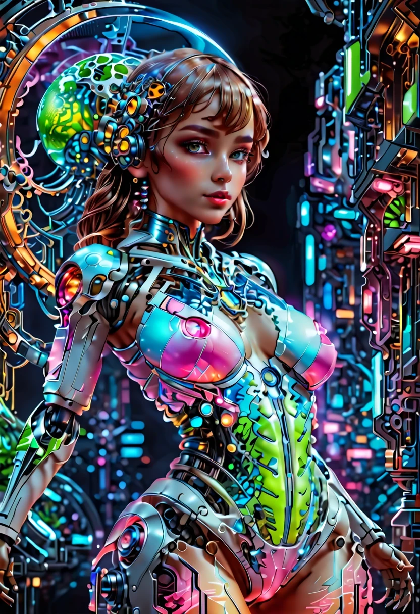 Future machinery stands in front of the earth,whole body, In the context of the city of the future, The combination of biology and machinery, Transparent mechanical girl, The internal structure is complex and precise, glowing neon lights,(high detail, masterpiece, best quality, ultra high definition, Sharpen details)