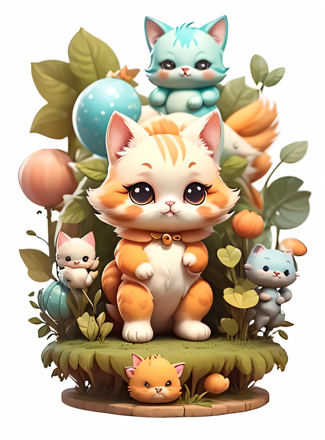 Arte conceitual imaginativa de uma criatura fofa inspirada em Lora, with the appearance of a cute cat. (Tag CuteCreatures com peso 0.9)", clipart, 5 em um, fundo branco