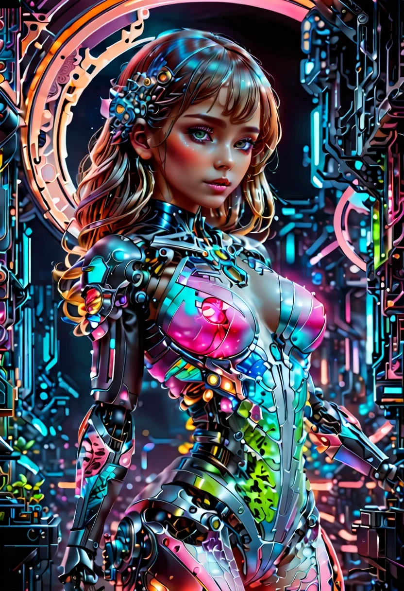 Future machinery stands in front of the earth,whole body, In the context of the city of the future, The combination of biology and machinery, Transparent mechanical girl, The internal structure is complex and precise, glowing neon lights,(high detail, masterpiece, best quality, ultra high definition, Sharpen details)