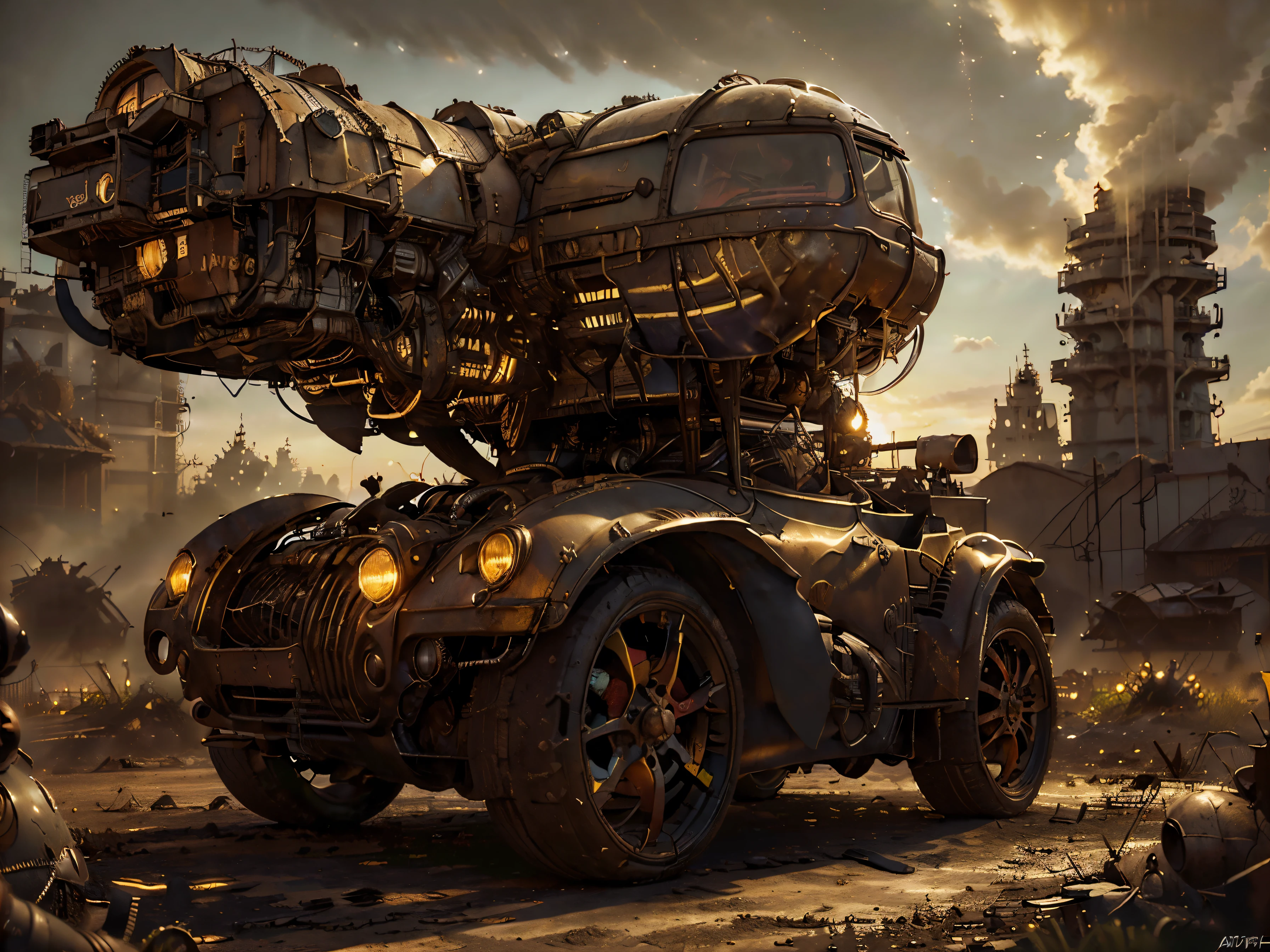 (Mejor calidad, HDR, ultra detallado, hiperrealista:1.37), A boy is sitting in the abandoned car all rusty.., post apocalyptic, ciudad abandonada 3D, edificios destruidos escombros por todos lados, maquinarias, Coches abandonados, vegetation next to buildings, vigas de metal esparcidos y amontonados, atardecer ,espectacular puesta de sol. luces y sombras, 32k