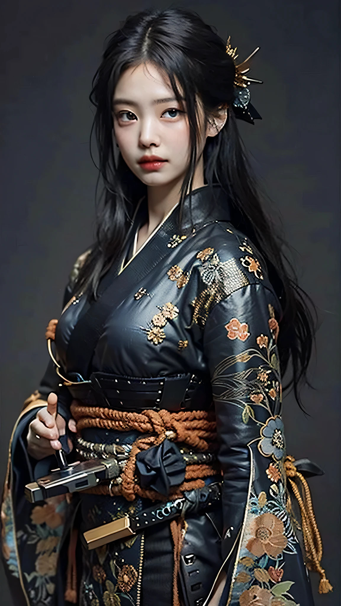 ((Best quality)), ((masterpiece)), (highly detailed:1.3), 3D, beautiful, samurai woman with long black hair, black clothes looking at camera, 8K, realistic, ultra masterpiece, dinamic style, dinamic pose