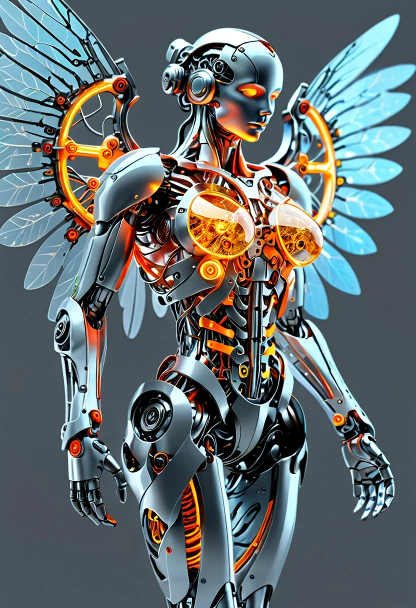 Today’s challenge topic,whole body, solid light grey background, The combination of biology and machinery, Transparent mechanical angel, The internal structure is complex and precise, glowing neon lights,(high detail, masterpiece, best quality, ultra high definition, Sharpen details)