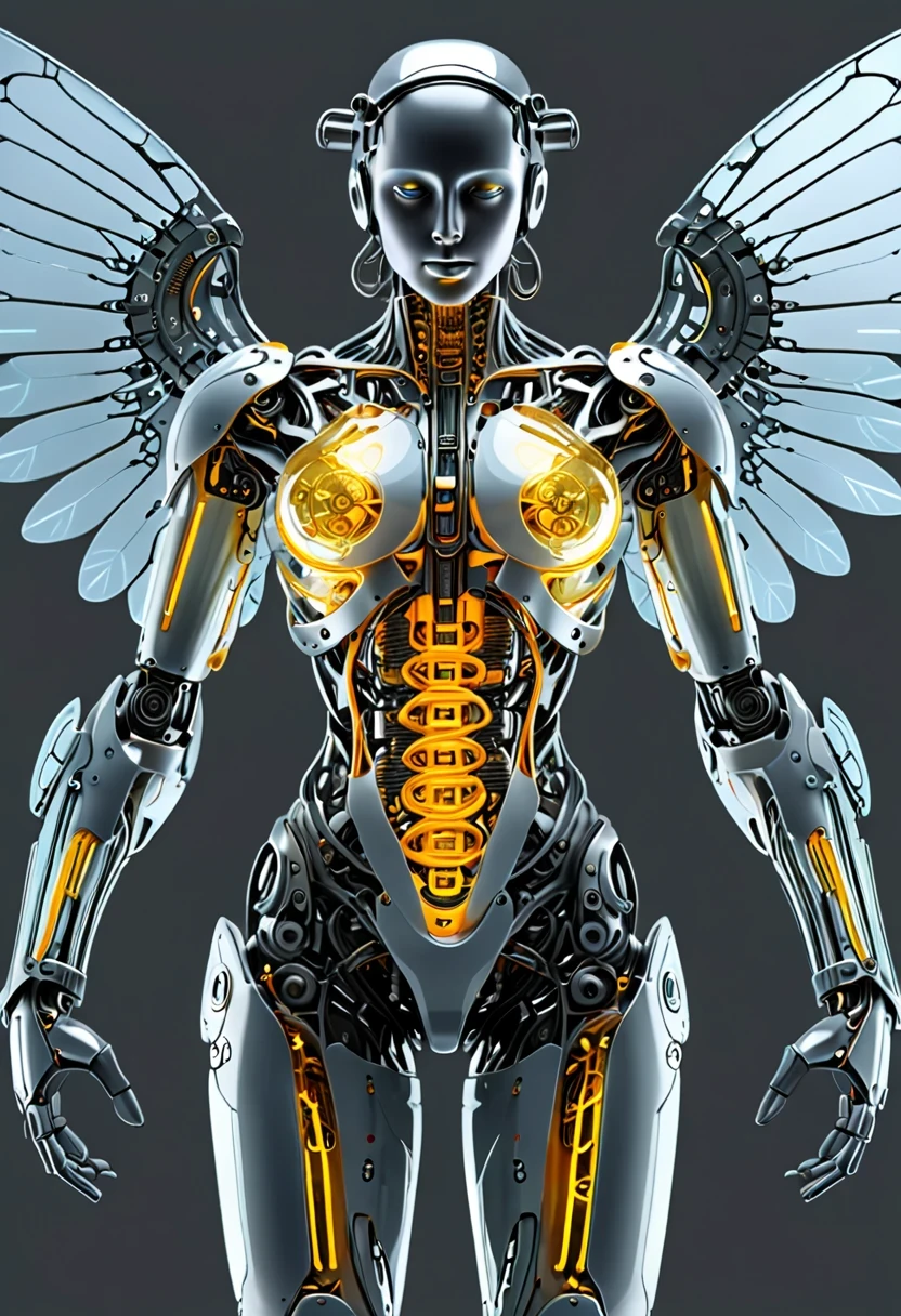 Today’s challenge topic,whole body, solid light grey background, The combination of biology and machinery, Transparent mechanical angel, The internal structure is complex and precise, glowing neon lights,(high detail, masterpiece, best quality, ultra high definition, Sharpen details)