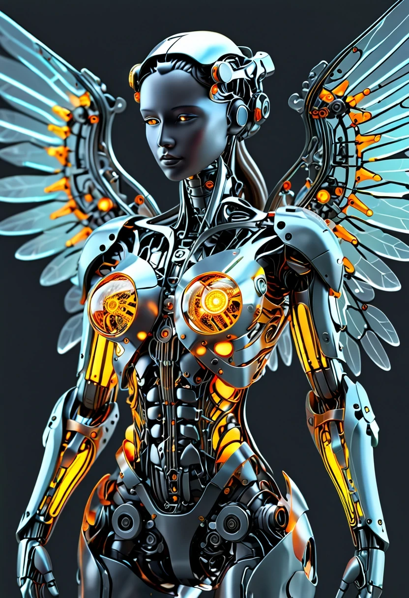 Today’s challenge topic,whole body, solid light grey background, The combination of biology and machinery, Transparent mechanical angel, The internal structure is complex and precise, glowing neon lights,(high detail, masterpiece, best quality, ultra high definition, Sharpen details)