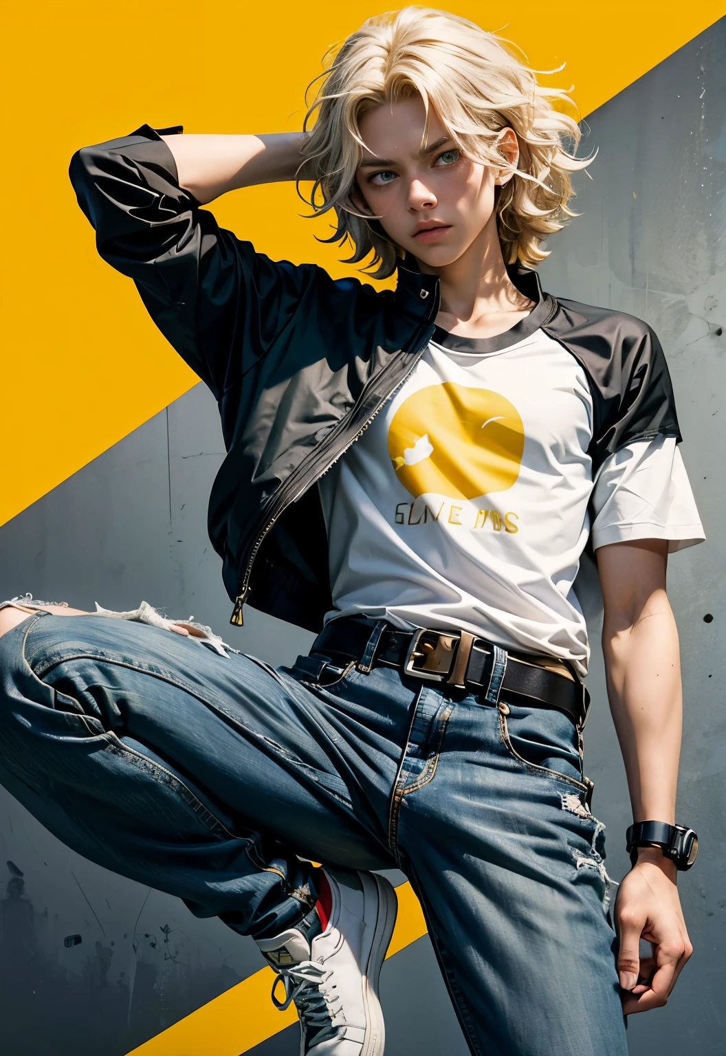 a young  German anime art boy, white skin, wavy hair, big volume, blonde and medium short, light green eyes, clean red t-shirt, black sports jeans, add a little muscle, yellow and black sports sneakers , jacket tied around the waist, bandages on the arms, a serious and neutral expression and a gray and white background