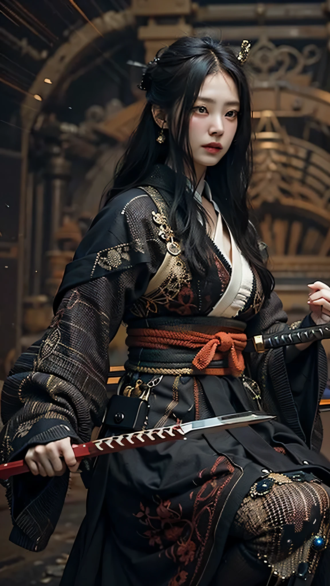 ((Best quality)), ((masterpiece)), (highly detailed:1.3), 3D, beautiful, samurai woman with long black hair, black clothes looking at camera, 8K, realistic, ultra masterpiece, dinamic style, dinamic pose