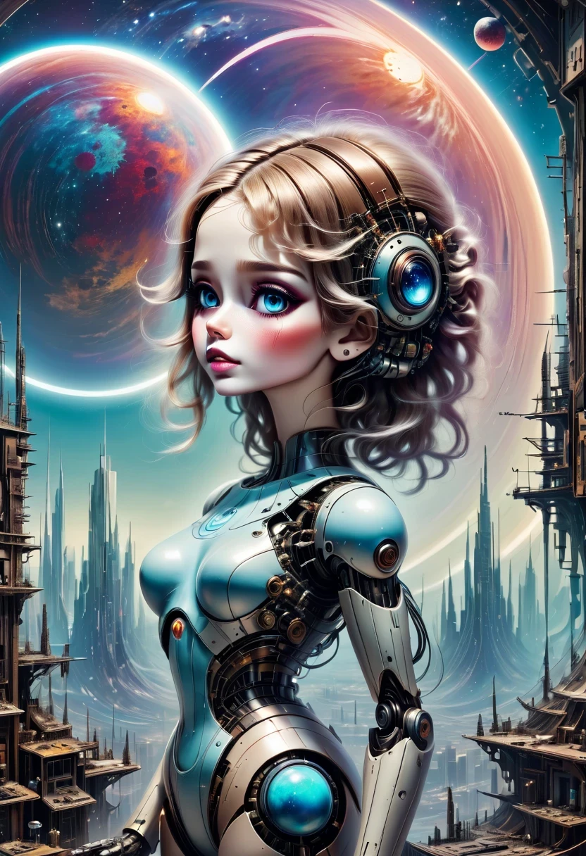 There&#39;A mechanical doll stands in front of a planet painting, Retro city background,perfect mechanical body, interconnected human life forms, Panorama of mechanical female doll,Victoria steampunk， endless dreams, stardust, galaxy, 