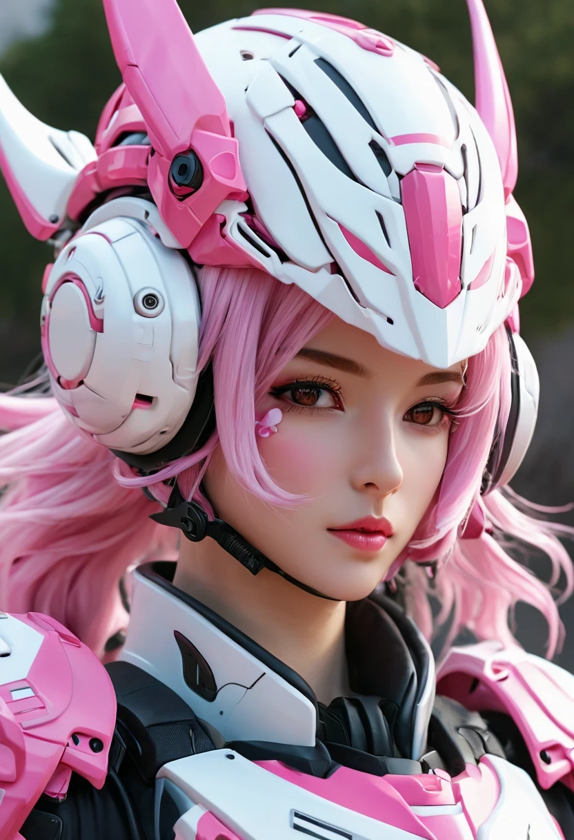 Alaphes,Pink and white hair,Wearing a pink and white helmet, Detailed digital animation art, best anime 4k konachan wallpapers, 动漫Mecha aesthetics, 4k highly detailed digital art, Mecha female dragon head, Wopp and Krenz Kushat, Very detailed anime, Mecha aesthetics, Advanced Digital Animation Art