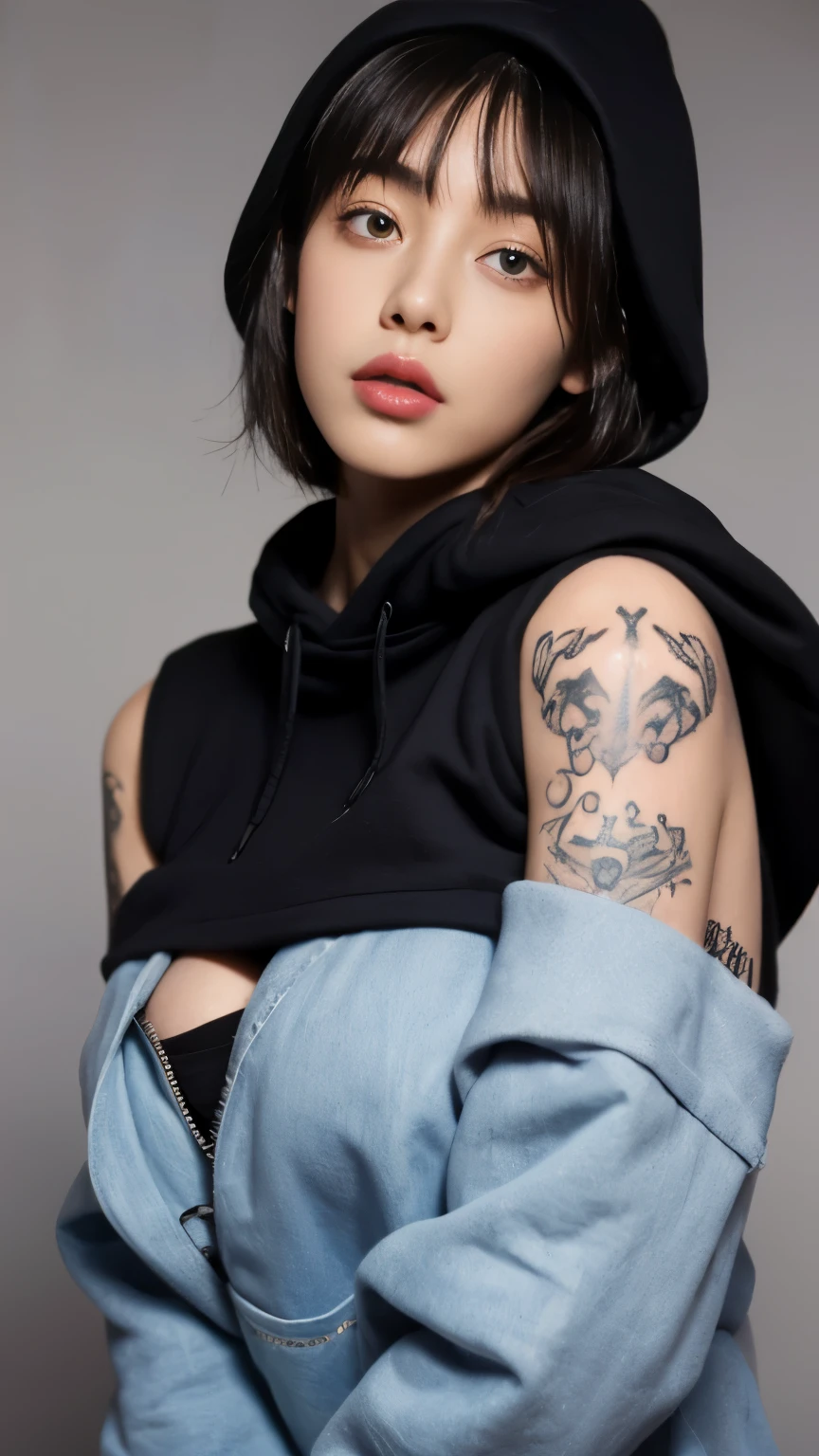 ultra high res, masterpiece, best quality, perfect glossy shiny skins, perfect lighting, detailed lighting, dramatic shadows, ray tracing, black sweater, looking at viewer, off shoulder, Big breasts, Exposed cleavage, blue Eyes, sharp face, sharp eyes, long bangs, short cut hair, nsfw, , ((Dark background)), oversized hoodie, Wearing a black hoodie, Wearing an ugly black hood, wet sweaty, soaking wet, (( tattoos on the arms)) ,