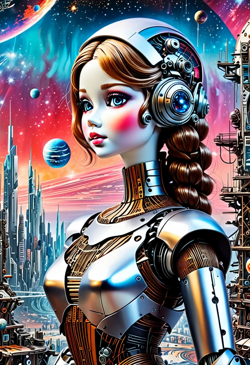 There'A mechanical doll stands in front of a planet painting, futuristic city background, psychological artwork, interconnected human life forms, Panorama of mechanical female doll, progressive rock, endless dreams, stardust, galaxy,
