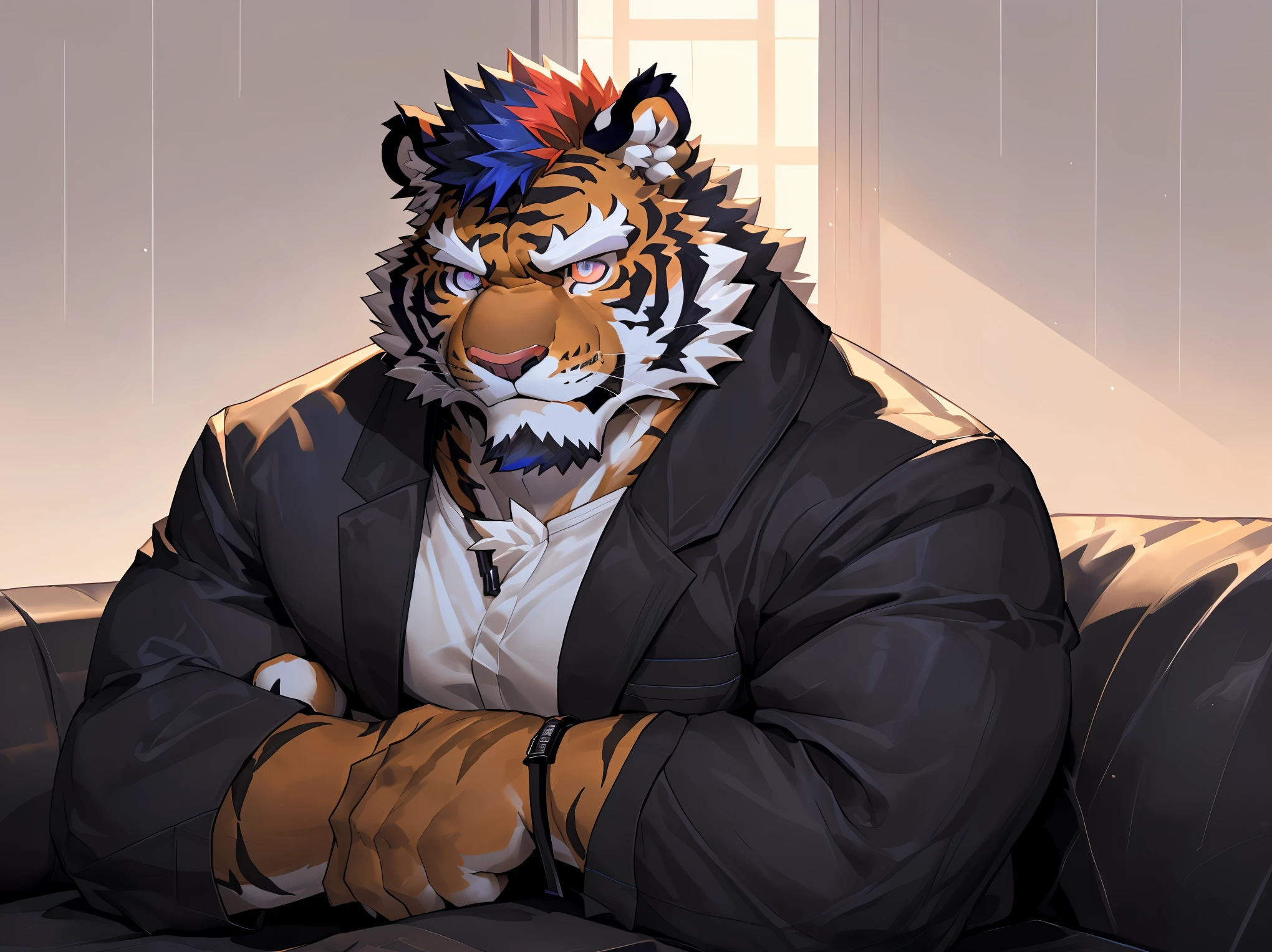 (disney),anime character with tiger, high resolution committee, ((tiger)), gigachadmuscular, muscular!!,muscular!, anthropomorphictiger, muscular character,super detailed!!, muscular!!, beefy, body committee, Full body details are very rich,16k,(?????:1.1),(The two eyes are not the same color,different color eyes:1.5),HD,(Colored hair:1.5),(aloof:1.5),(Sitting on the sofa:1.3),(Angry eyes:1.5),((running bigdick:1.5)),alone,Sitting on the sofa,(facial detail:1.5),(white tiger tail),(white face pattern),(Front view),(Modern villa background:1.3),(living room:1.3),(perfect body proportions:1.5),(rear wall window),(looking at you coldly),(Half body),(white tiger),(dickdick closeup:1.5)