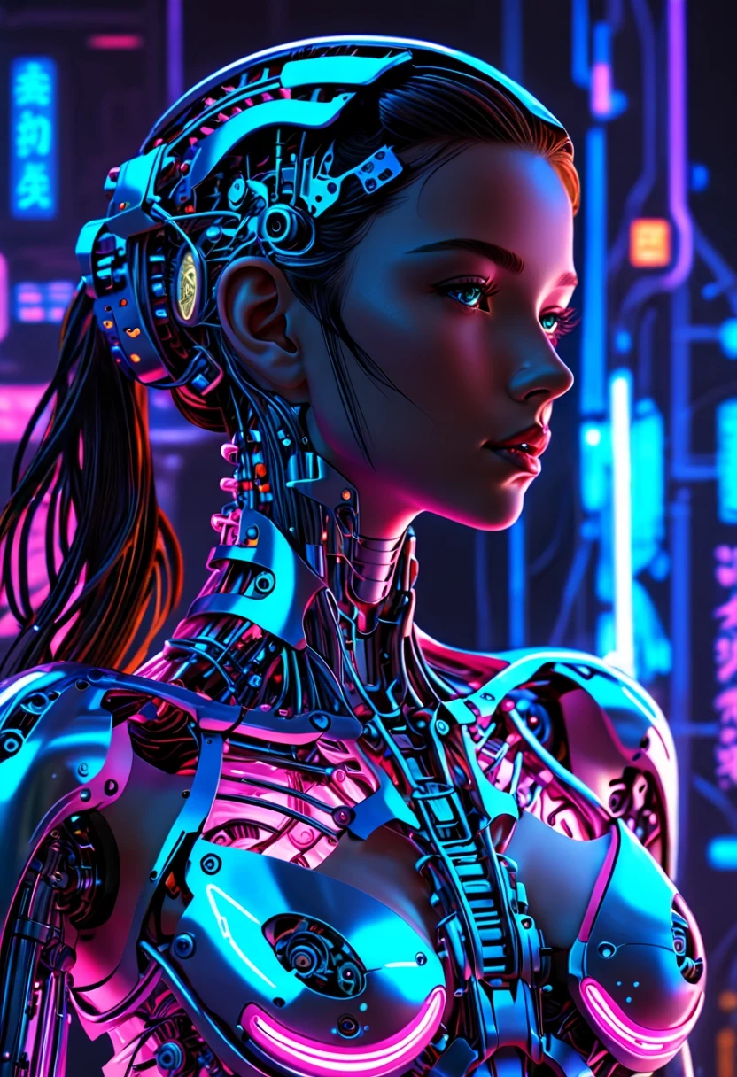 Machinery of the future,whole body, In the context of the city of the future, The combination of biology and machinery, Transparent mechanical girl, The internal structure is complex and precise, glowing neon lights,(high detail, masterpiece, best quality, ultra high definition, Sharpen details)