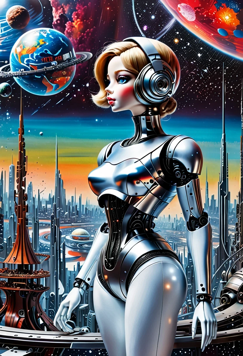 There'A mechanical doll stands in front of a planet painting, futuristic city background, psychological artwork, interconnected human life forms, Panorama of mechanical female doll, progressive rock album cover, endless dreams, stardust, galaxy, stoner rock--ar 16:9-5 p.m.'bell.1