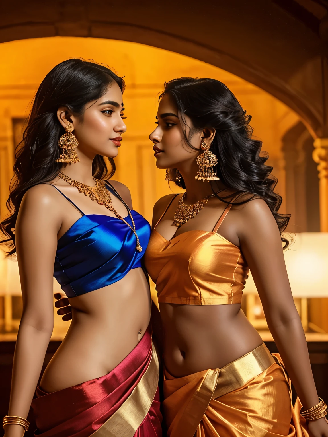 20 years old, two extremely beautiful dusky Tamil girls, (((cheek kissing))), (wearing:1.6 silk saree, silk blouse, long skirt, high heels, bangles, earrings, necklace, wrist watch), (((round deep navel))), inside a crowded roof top night club, eyes symmetry, face symmetry, (best quality, ultra-detailed:1.6), colorful scene, bright color palette, romantic atmosphere, vibrant colors, cute expressions, seductive feelings, body reflecting light, back lit, lustful ambiance, natural lighting, sexy mood, (intricate detailing:1.6 faces & eyes & ears & nose & lips & skin & curves & shapes & round deep navel & midriff & body parts & anatomy)