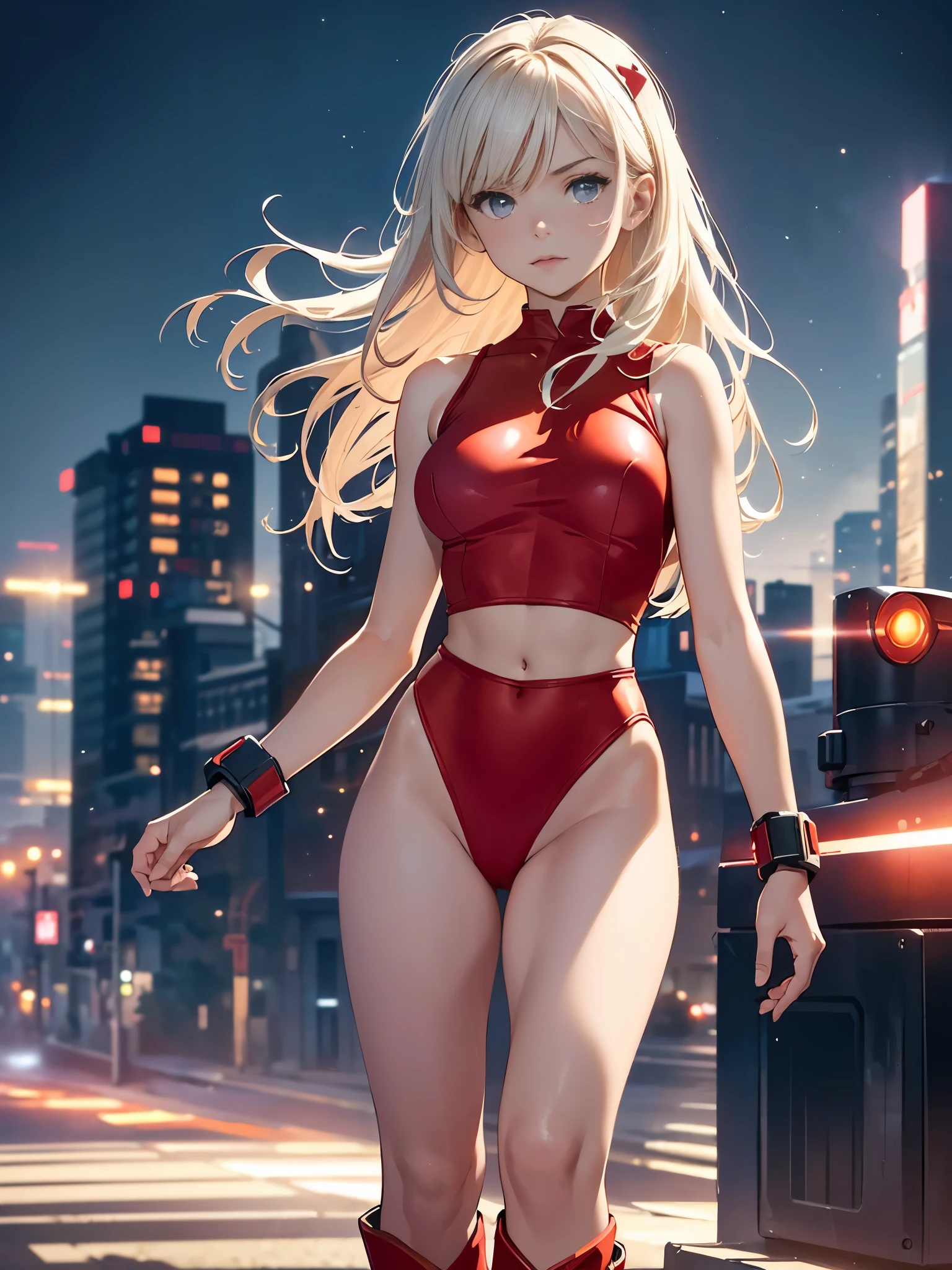 masterpiece, best quality, 1girl, medium breasts, (leotard, red leotard with white accents, sleeveless, midriff), bare legs, boots, matching boots, bracelets, city backdrop, solo, single, standing, heroic, (full body shot, cowboy shot), beautiful detailed eyes, medium hair, superhero, (glow, powering up, light particles)