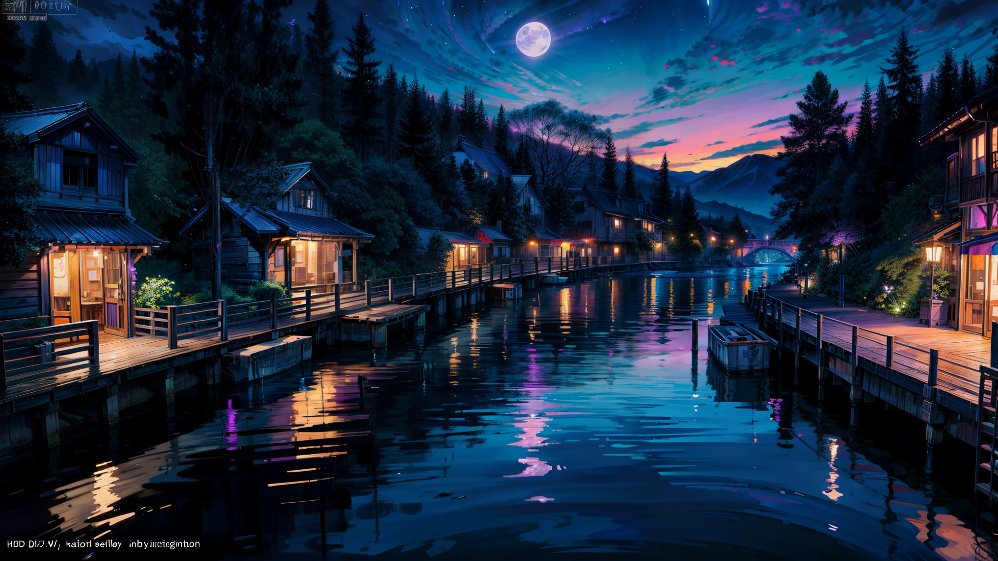 painting of a neon ((purple ,blue )) moonlight,dock areas, Bougainville decoration , , moonlight, river, moonlight reflection,beautiful art uhd 4 k, a beautiful artwork illustration, beautiful digital painting, highly detailed digital painting, beautiful digital artwork, detailed painting 4 k, very detailed digital painting, rich picturesque colors, gorgeous digital painting