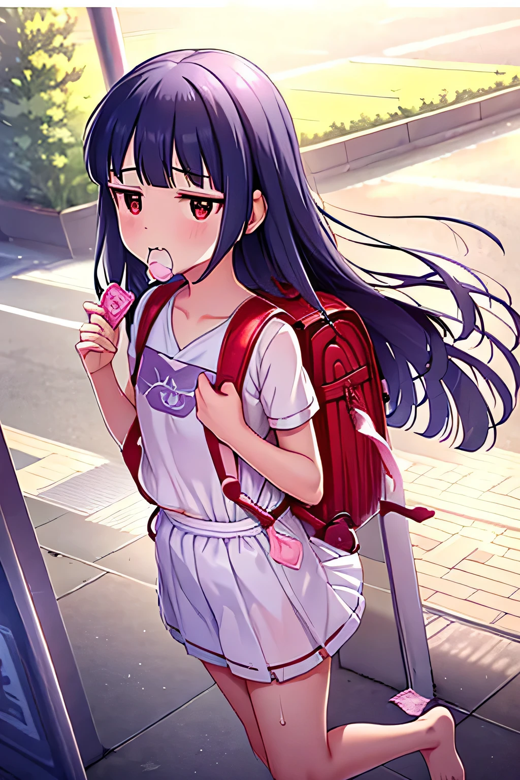 , yukimi, 10., long hair, dull bangs, flat chest, No expression, shy, whole body, highest quality, wearing burmese navy, short sleeve (White gym uniform with colored hems:1.3), carry (randoseru backpack:1.4), barefoot, at the park,(please put the condom in your mouth:1.4)、belly button、white panties、tits、transparent clothes、emphasize the muscles of the pussy、Holding a used condom in your hand、condom full of semen、White semen drips from the condom、angle from below