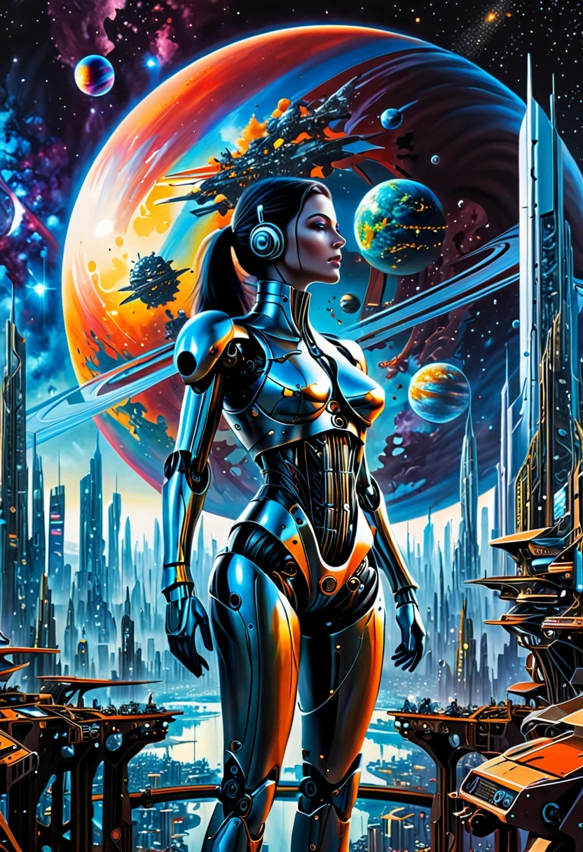 There'Mechanical woman standing in front of planet painting, futuristic city background, psychological artwork, interconnected human life forms, Panorama of mechanical girl, progressive rock album cover, endless dreams, stardust, galaxy, stoner rock--ar 16:9-5 p.m.'bell.1