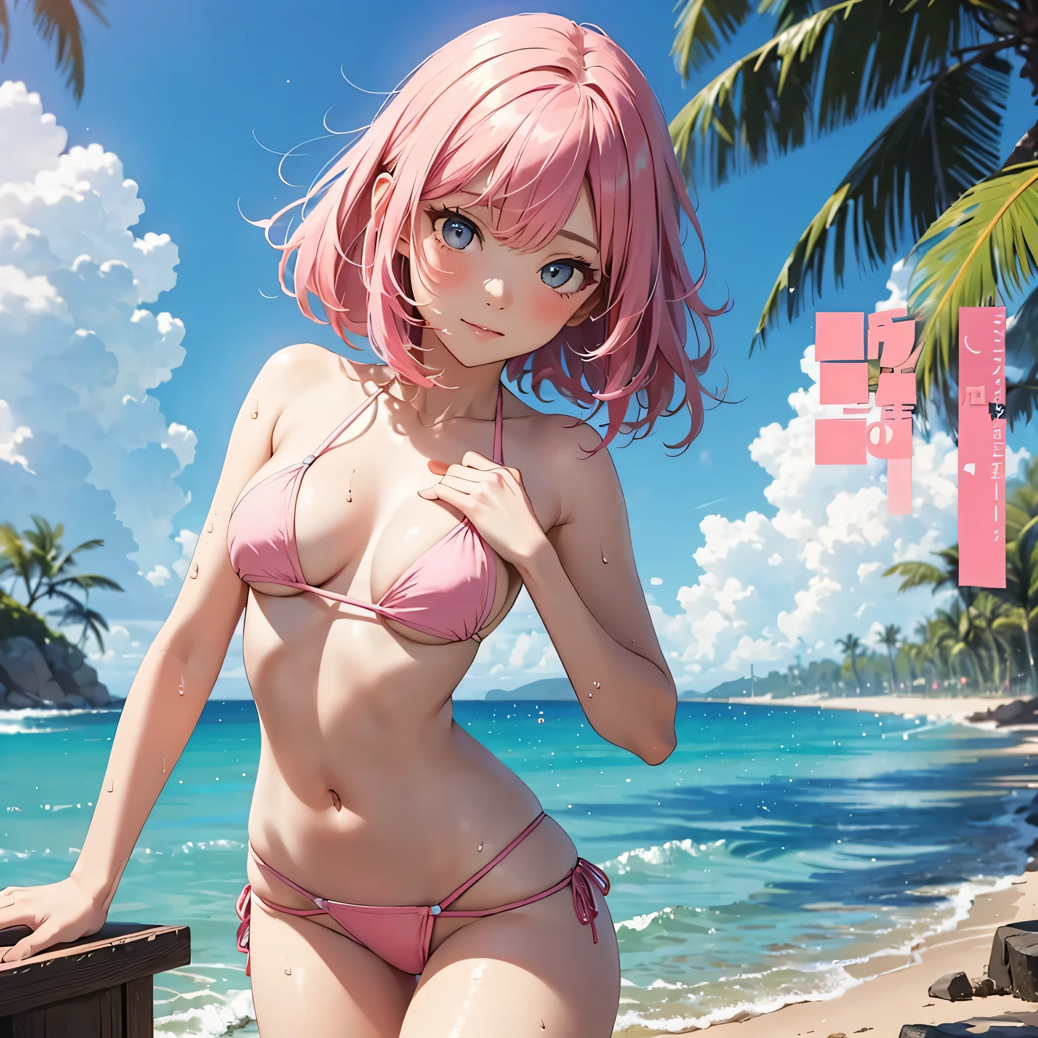 (masterpiece:2.0), (highest quality:2.0), (swim naked on the beach:1.5), (Tiny pink thong micro bikini:1.5), (super sexy pose:1.5), (look up from below:1.5), (fully exposed shoulders:1.5), (fully exposed nape:1.5), (face turns red:1.5), (cover one's chest with one's hands:1.5), (spill :1.5), (realistic:1.5), 1 very pretty girl, precise small needle, You look embarrassed when you look at me, light smile, innocent face, young face, clear eyes, shining eyes, small breasts, I can see the side boob, I can see your shoulders, I can see the cleavage, no pubic hair, dynamic posing, beautiful skin, Super fine, highest resolution, Japanese high school student, pink hair