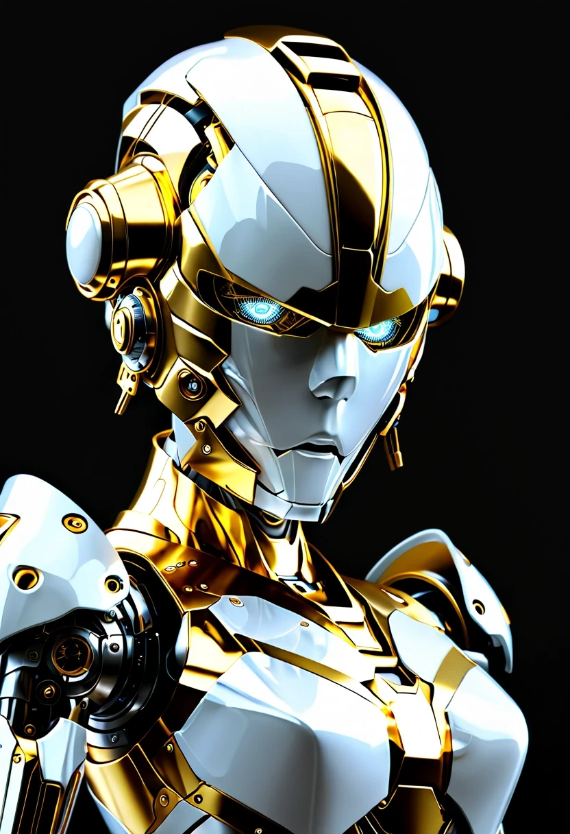 (full-body shot:1.5), (full view:1.5), Pure black background, There is a white and gold transparent girl mecha standing on the ground.，Get into fighting stance,Exquisite white transparent glass mechanical armor, Metal mechanical mask, Precision luminous electronic eye,（Exquisite mechanical high heels:1.3),(The internal structure is complex and precise:1.2), Exquisite and complex golden mecha texture, (gold mechanical wire:1.2), (Well-designed, high detail, masterpiece, best quality, ultra high definition, Sharpen details, ,Metallic feeling),New Jersey RS
