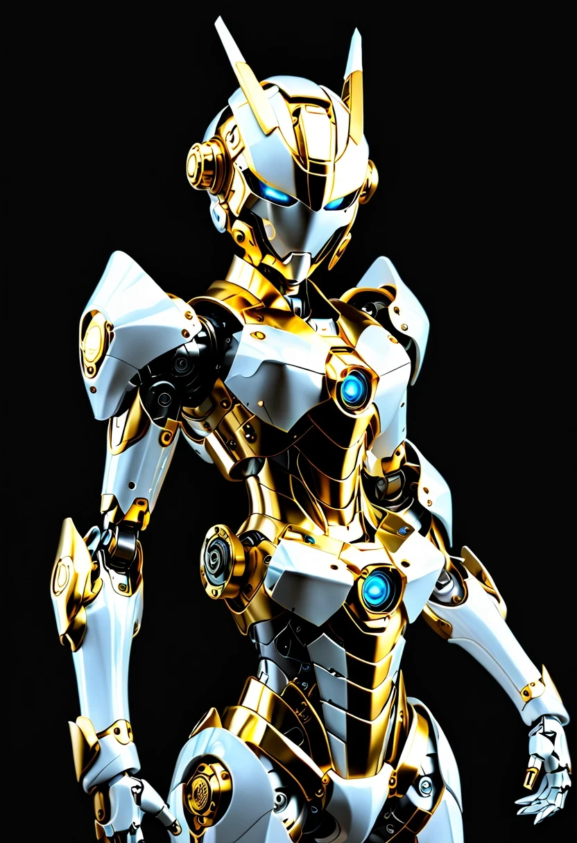 (full-body shot:1.5), (full view:1.5), Pure black background, There is a white and gold transparent girl mecha standing on the ground.,Get into fighting stance,Exquisite white transparent glass mechanical armor, Metal mechanical mask, Precision luminous electronic eye,(Exquisite mechanical high heels:1.3),(The internal structure is complex and precise:1.2), Exquisite and complex golden mecha texture, (gold mechanical wire:1.2), (Well-designed, high detail, masterpiece, best quality, ultra high definition, Sharpen details, ,Metallic feeling),New Jersey RS