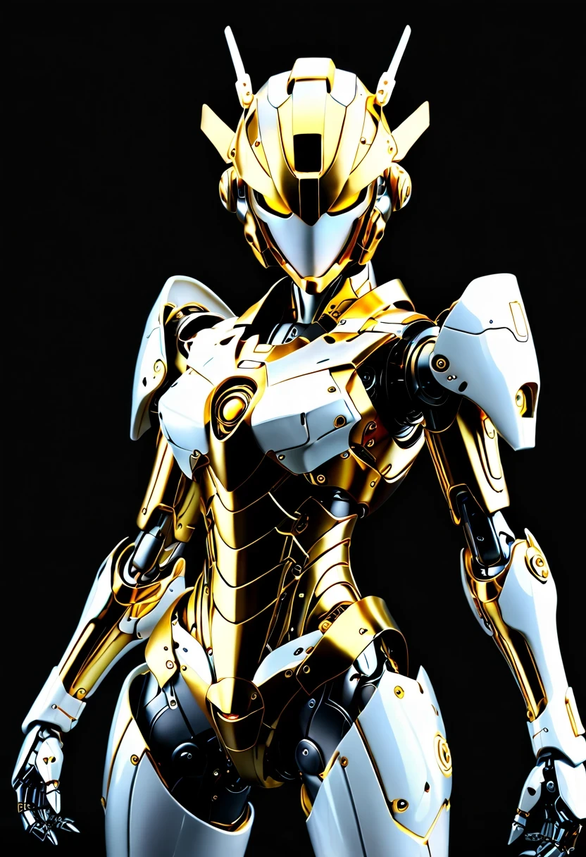 (full-body shot:1.5), (full view:1.5), Pure black background, There is a white and gold transparent girl mecha standing on the ground.，Get into fighting stance,Exquisite white transparent glass mechanical armor, Metal mechanical mask, Precision luminous electronic eye,（Exquisite mechanical high heels:1.3),(The internal structure is complex and precise:1.2), Exquisite and complex golden mecha texture, (gold mechanical wire:1.2), (Well-designed, high detail, masterpiece, best quality, ultra high definition, Sharpen details, ,Metallic feeling),New Jersey RS