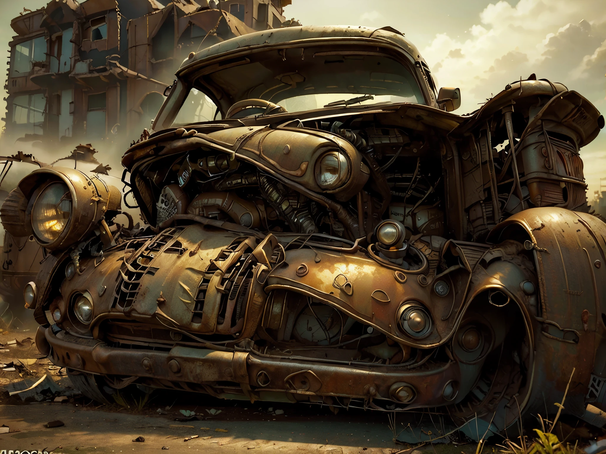 (Mejor calidad, HDR, ultra detallado, hiperrealista:1.37), ((Un joven hermoso bien detallado y perfecto, is sitting in the abandoned car:1.5))., post apocalyptic, ciudad abandonada 3D, edificios destruidos escombros por todos lados, Cementerio de coches , maquinarias, Coches abandonados, vegetation next to buildings, abandoned vehicles scattered and piled up, atardecer ,espectacular puesta de sol. luces y sombras, 32k