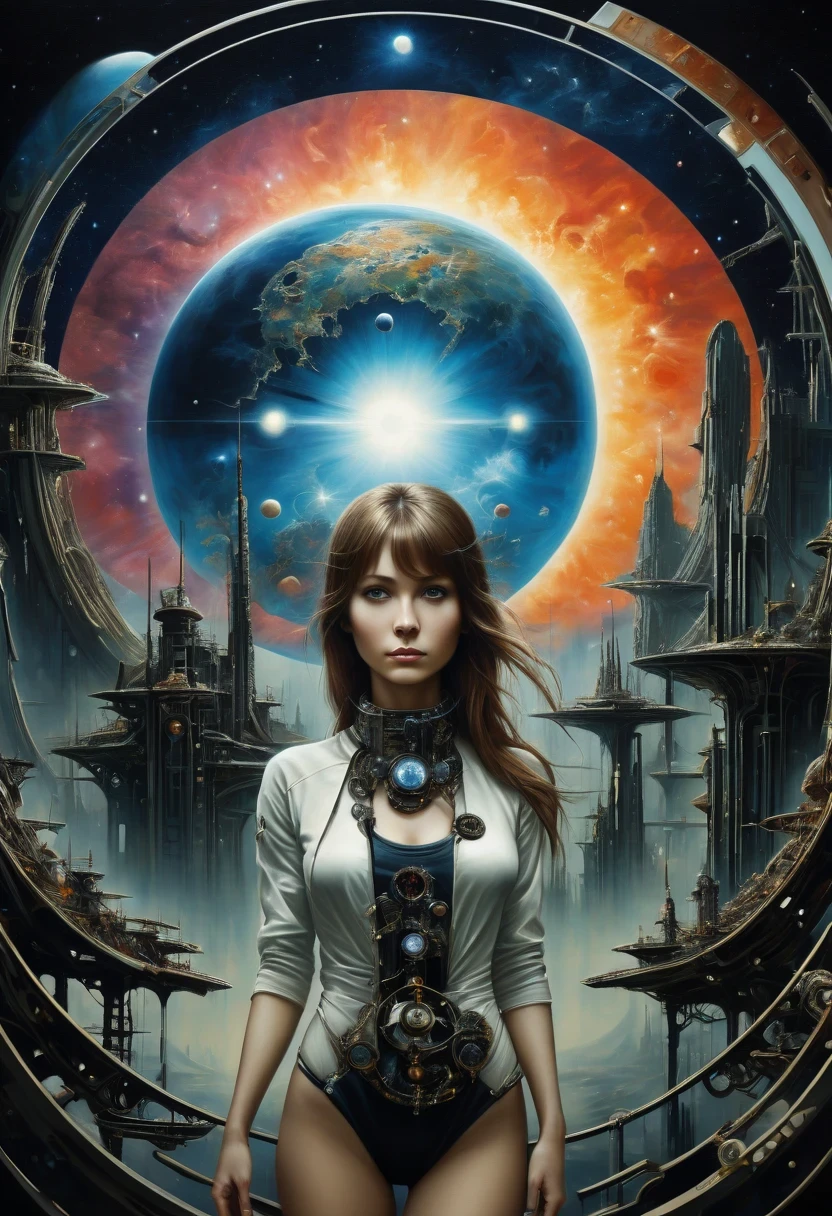 There'Mechanical woman standing in front of planet painting, futuristic city background, psychological artwork, interconnected human life forms, Panorama of mechanical girl, progressive rock album cover, endless dreams, stardust, galaxy, stoner rock--ar 16:9-5 p.m.'bell.1