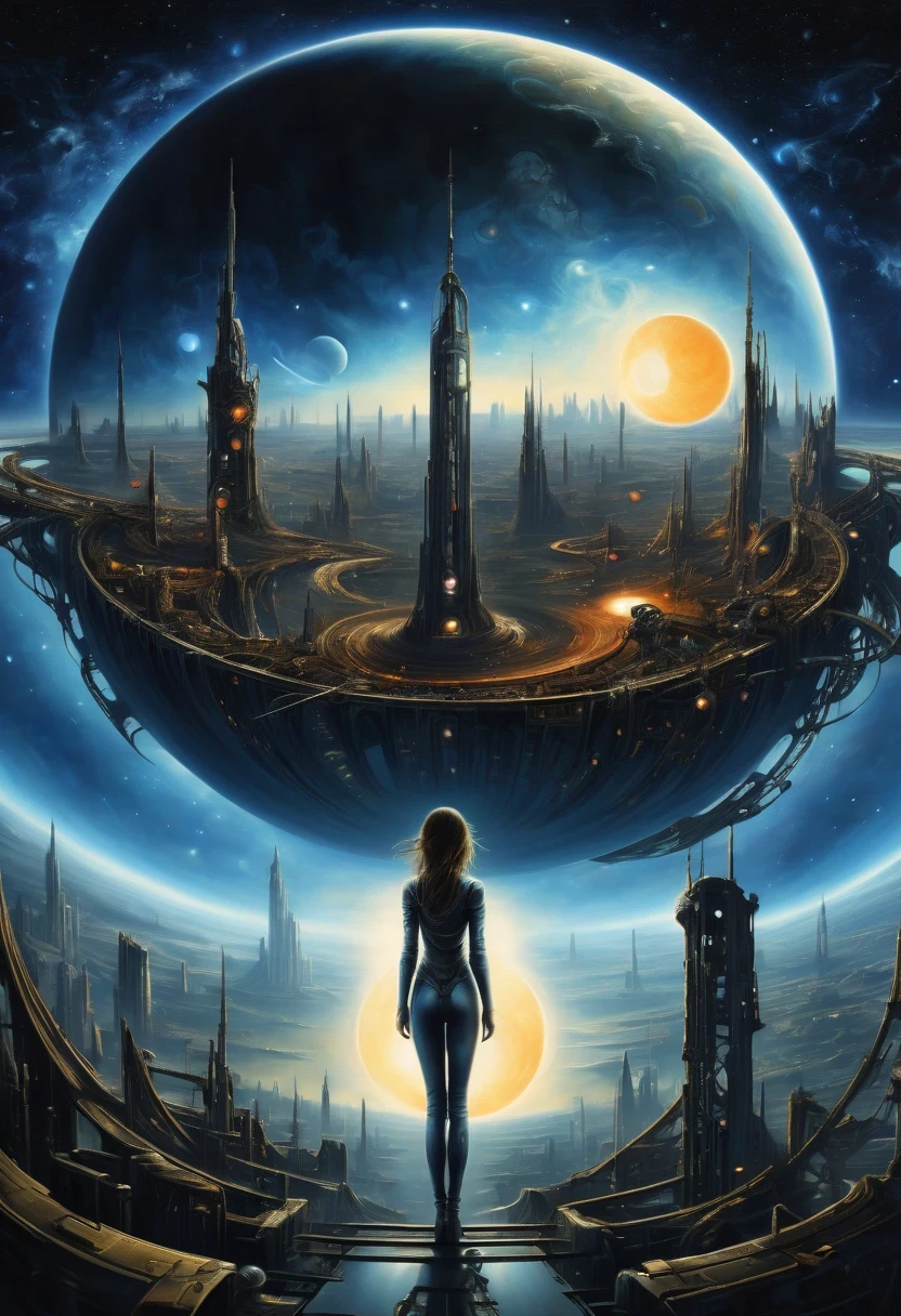 There'Mechanical woman standing in front of planet painting, futuristic city background, psychological artwork, interconnected human life forms, Panorama of mechanical girl, progressive rock album cover, endless dreams, stardust, galaxy, stoner rock--ar 16:9-5 p.m.'bell.1