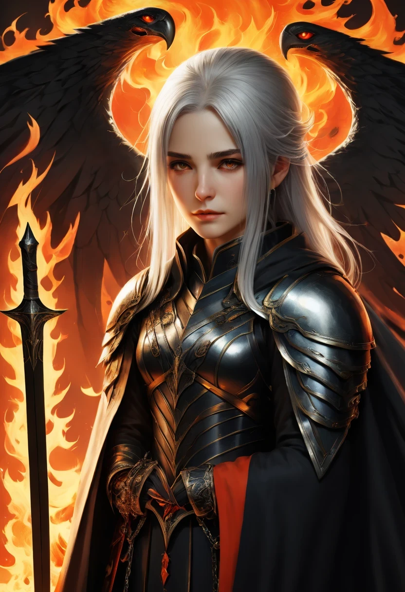 ((Super beautiful illustrations, 8k, masterpiece :1.2, sharp focus :1.2, depth of field:1.2)), beautiful sword girl, absurd, Highly detailed face and skin textures, silver hair, Jet black armor, flame armor, Cloak wrapped in flames, sword wrapped in flames, wings of fire, Determination to overcome grief, Your gentle eyes reveal determination , Strong soul