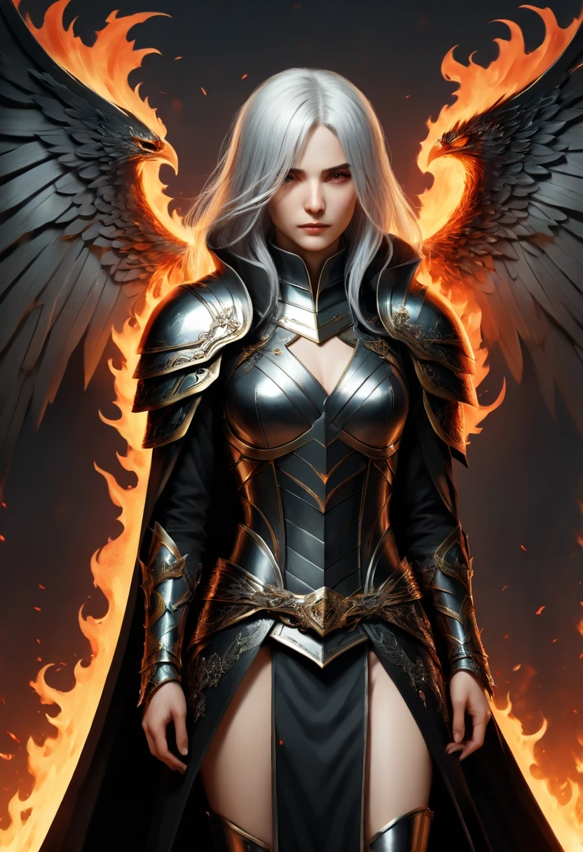 ((Super beautiful illustrations, 8k, masterpiece :1.2, sharp focus :1.2, depth of field:1.2)), beautiful sword girl, absurd, Highly detailed face and skin textures, silver hair, Jet black armor, flame armor, Cloak wrapped in flames, sword wrapped in flames, wings of fire, Determination to overcome grief, Your gentle eyes reveal determination , Strong soul