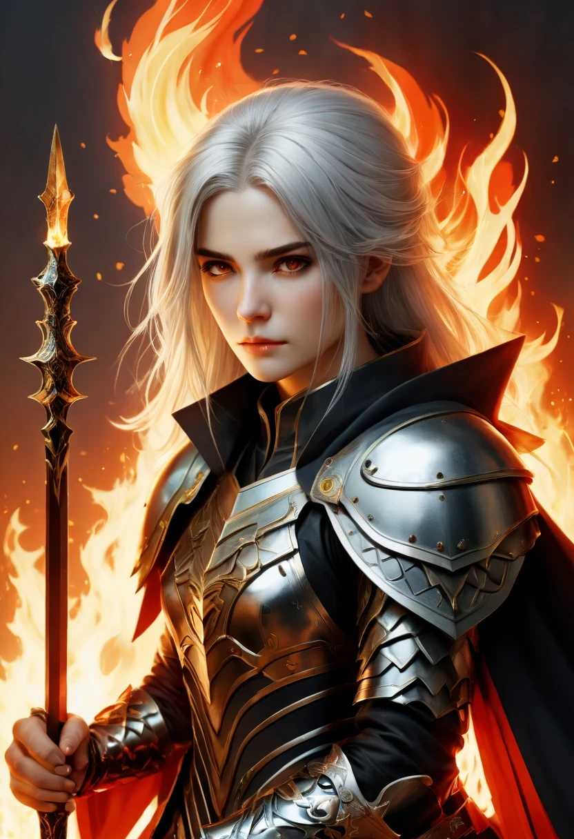 ((Super beautiful illustrations, 8k, masterpiece :1.2, sharp focus :1.2, depth of field:1.2)), beautiful sword girl, absurd, Highly detailed face and skin textures, silver hair, Jet black armor, flame armor, Cloak wrapped in flames, sword wrapped in flames, wings of fire, Determination to overcome grief, Your gentle eyes reveal determination , Strong soul