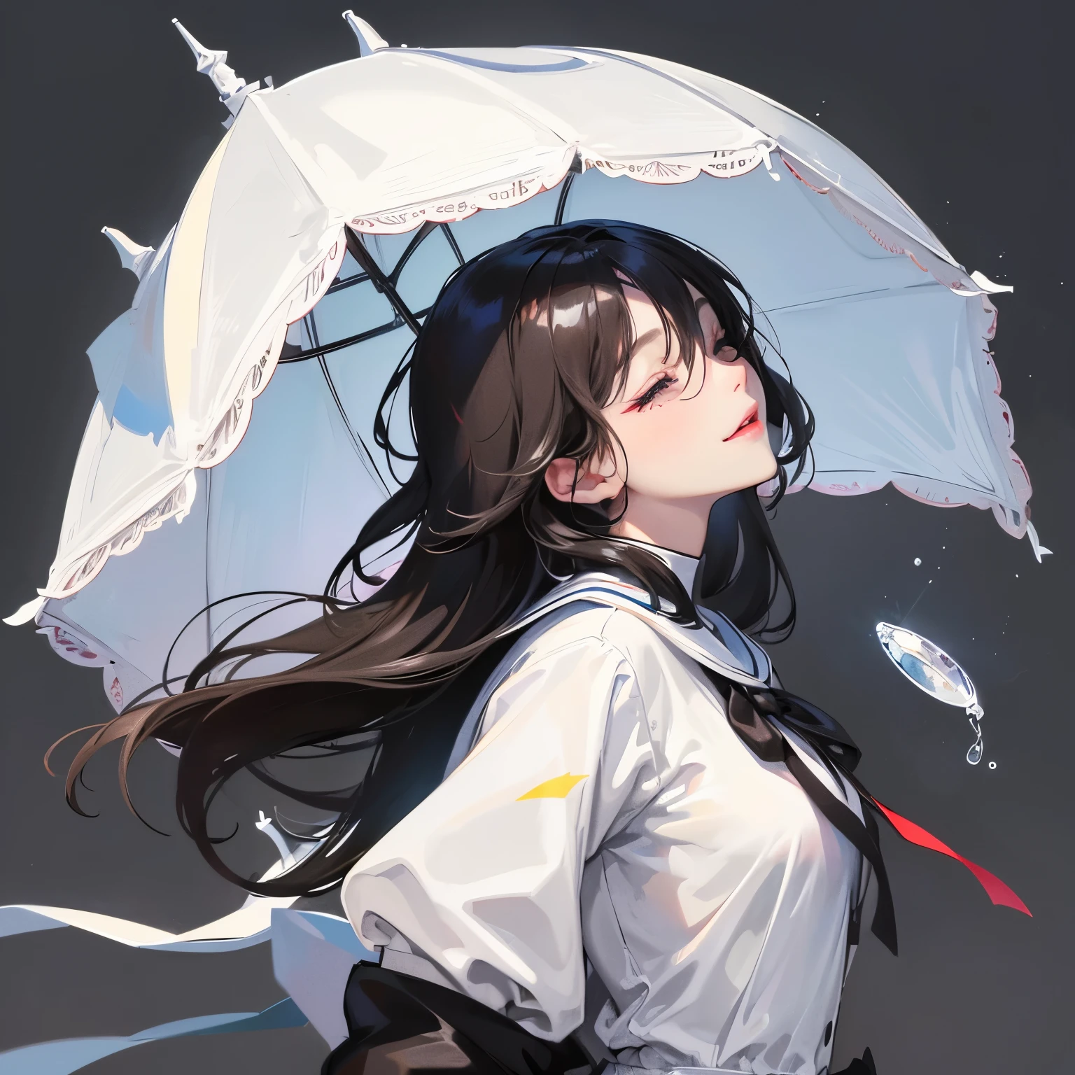 black hair girl、detailed face、profile、ephemeral、lipstick、Highest image quality、droppy eyes,drooping eyeake、simple、smile、white clothes、light pigment、Patsun bangs，Close ~ eyes、whole body、posing the model